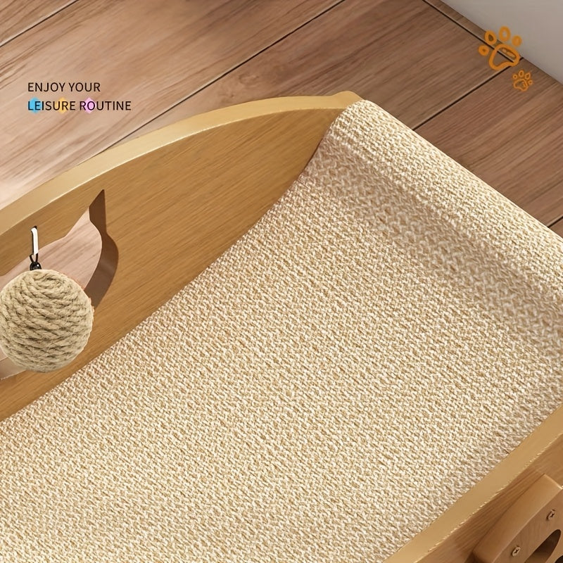 Chaise longue griffoir pour chat en sisal naturel avec jouet balle suspendue – Lit pour chat incurvé en bois massif, canapé anti-rayures pour chaton, protecteur de meubles pour chats d'intérieur