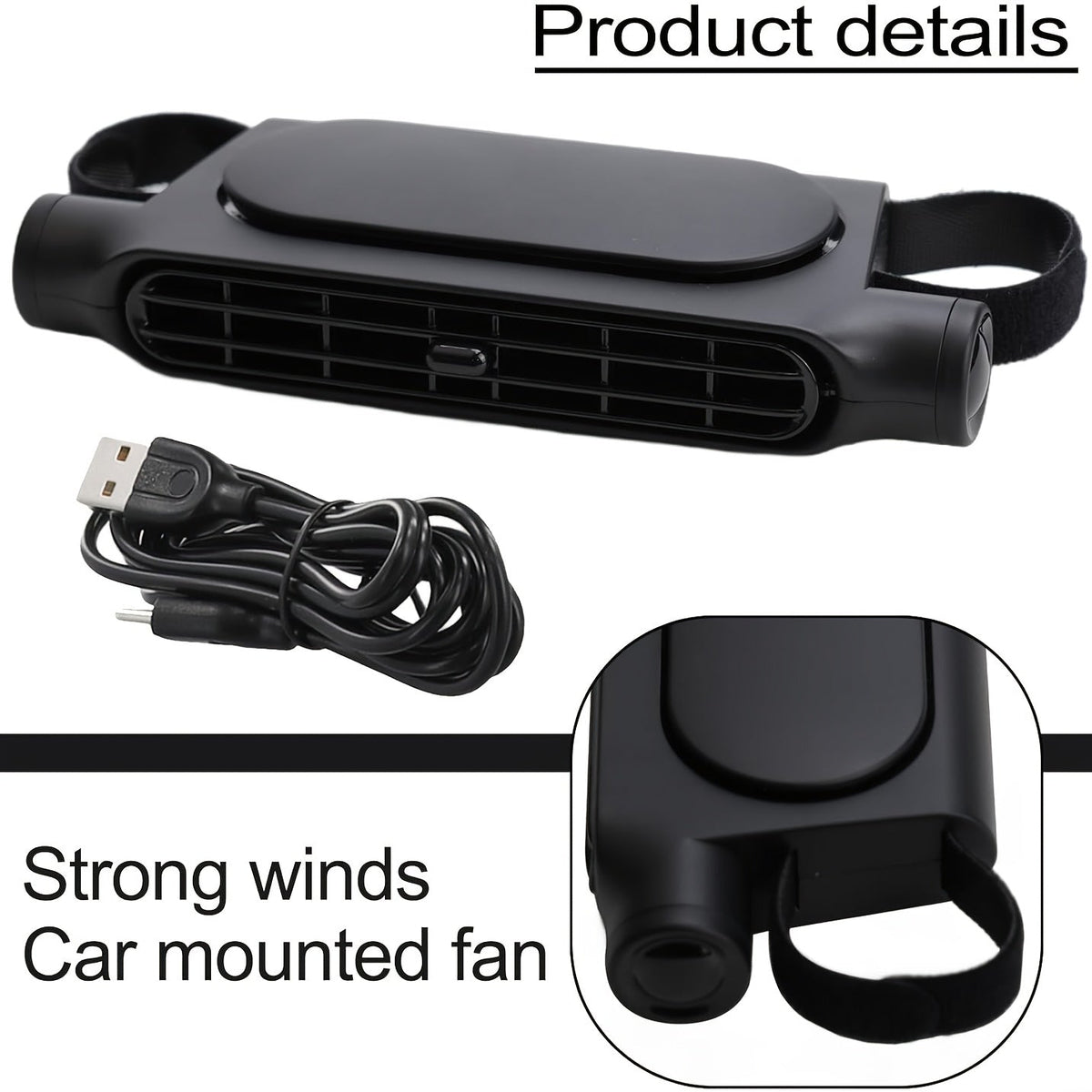 Ventilateur de voiture USB sans pales à 3 vitesses, refroidissement silencieux – Ventilateur de siège plug-and-play avec câble USB, restez au frais dans les embouteillages, ajustement universel pour tous les modèles de voiture, blanc et noir