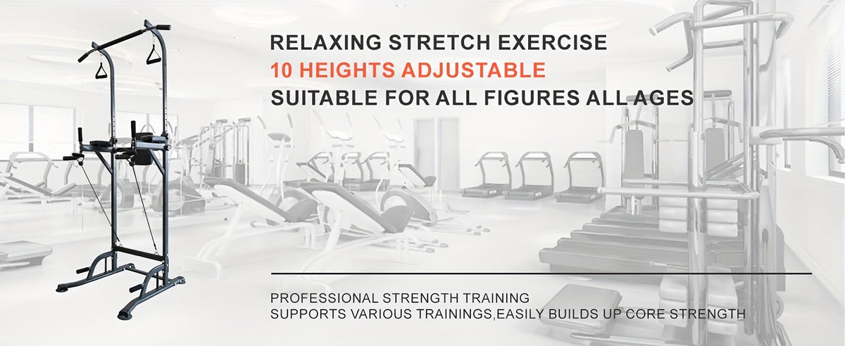 Station de musculation Power Tower avec barre de traction et poste à dips – Hauteur réglable 127-230 cm, capacité 150 kg, équipement de musculation multifonction pour hommes et femmes, bandes élastiques incluses