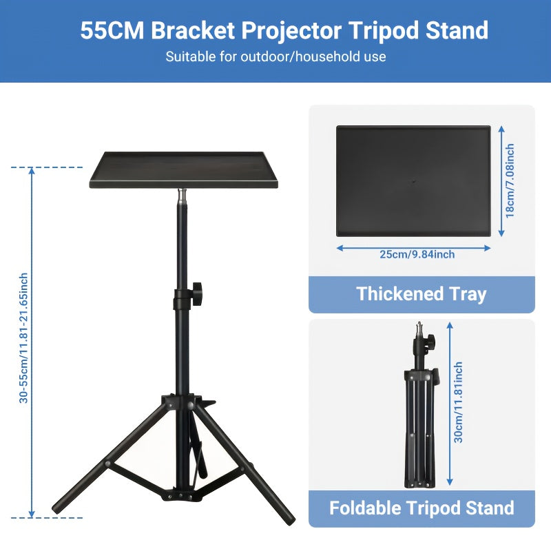 Trépied pour projecteur et ordinateur portable – Hauteur réglable avec support de téléphone col-de-cygne, plateau inclinable à 180°, capacité de 10 kg, support au sol portable pour bureau, maison, scène, studio et DJ