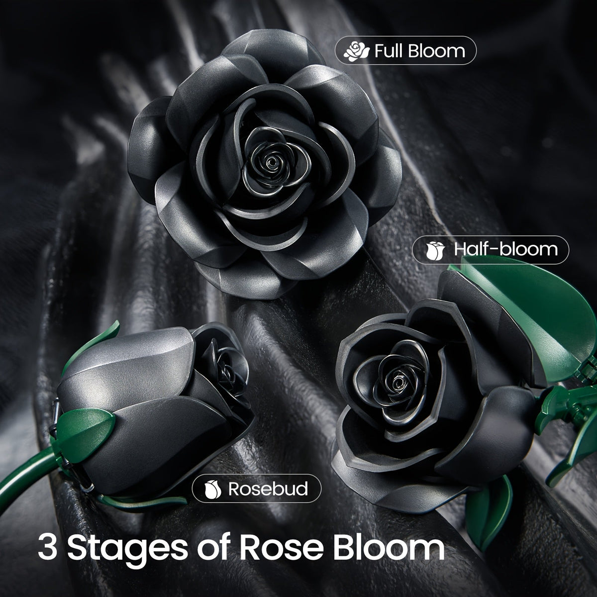Ensemble de briques de construction 3D Rose noire gothique 152 pièces, kit de modèle d'exposition de bouquet de fleurs artificielles, trois roses noires, cadeau unique pour adultes, adolescents, Saint-Valentin, anniversaire, Halloween, Noël