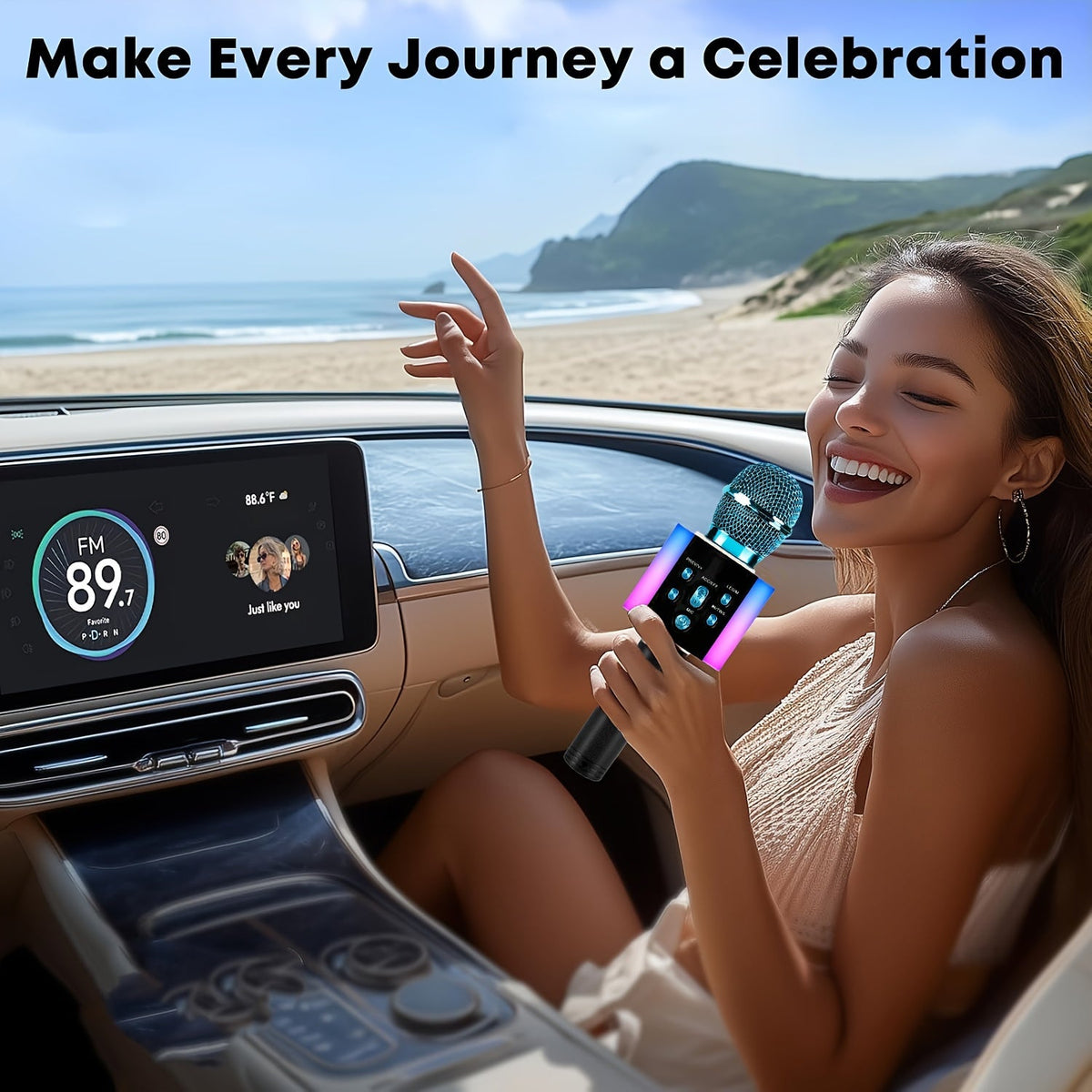 Microphone karaoké sans fil 5-en-1 avec haut-parleur intégré, lumières LED et changeur de voix – Micro de chant Bluetooth portable pour fêtes, réunions de famille, voyages et activités en plein air, 10 couleurs