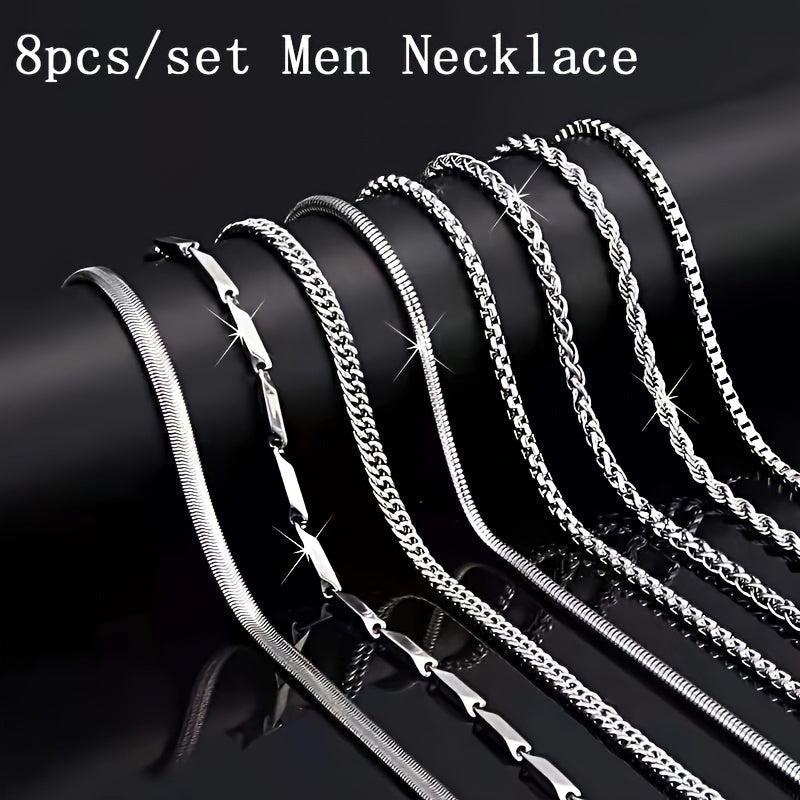 Ensemble de 8 colliers en acier inoxydable pour homme – Chaîne cubaine et chaîne torsadée style hip-hop, chaînes tendance et durables pour homme, cadeau idéal pour petit ami, fils, fête des pères et anniversaire