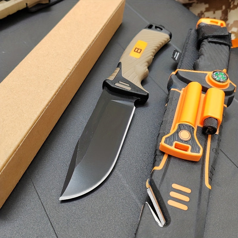Couteau à lame fixe d'extérieur de 24,4 cm avec étui multifonction - Couteau droit noir et orange pour l'exploration en milieu sauvage, le canyoning, la randonnée en montagne et la chasse, conçu pour les hommes