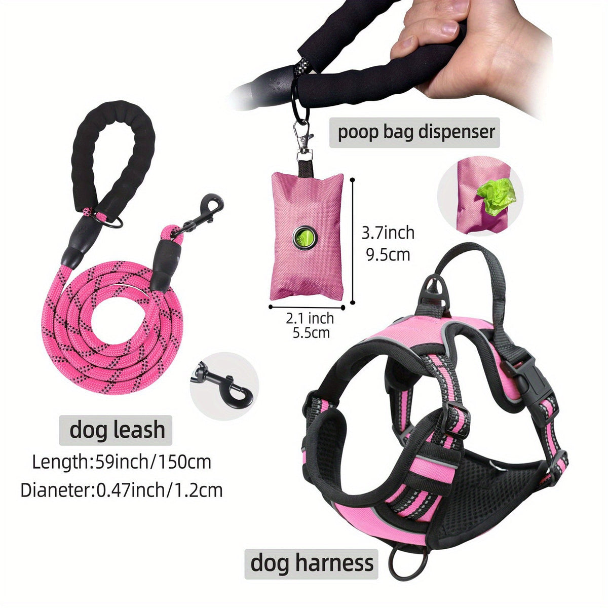 Ensemble laisse, harnais et distributeur de sacs à déjections pour chien – Harnais gilet réglable, respirant et anti-fugue pour chiens de taille moyenne à grande avec bandes réfléchissantes – Kit de promenade anti-traction rembourré avec porte-sac intégré