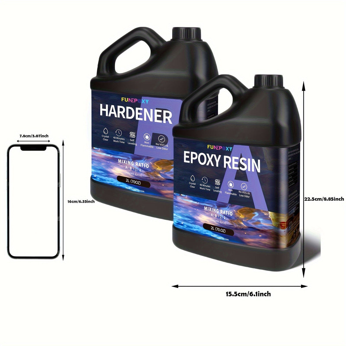 Kit de résine époxy cristalline FUNEPOXY, rapport 1:1, autonivelante, fini ultra-brillant pour dessus de table, comptoirs de bar, tables à bord brut, résine de coulage, création de bijoux, 16oz, 32oz, 64oz, 1 gallon, 2 gallons