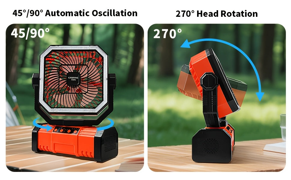 Ventilateur de camping portable 20 000 mAh avec télécommande, lumières LED, 4 vitesses et rotation à 360° – Ventilateur oscillant rechargeable sur batterie pour camping en plein air, camping-car et voyage