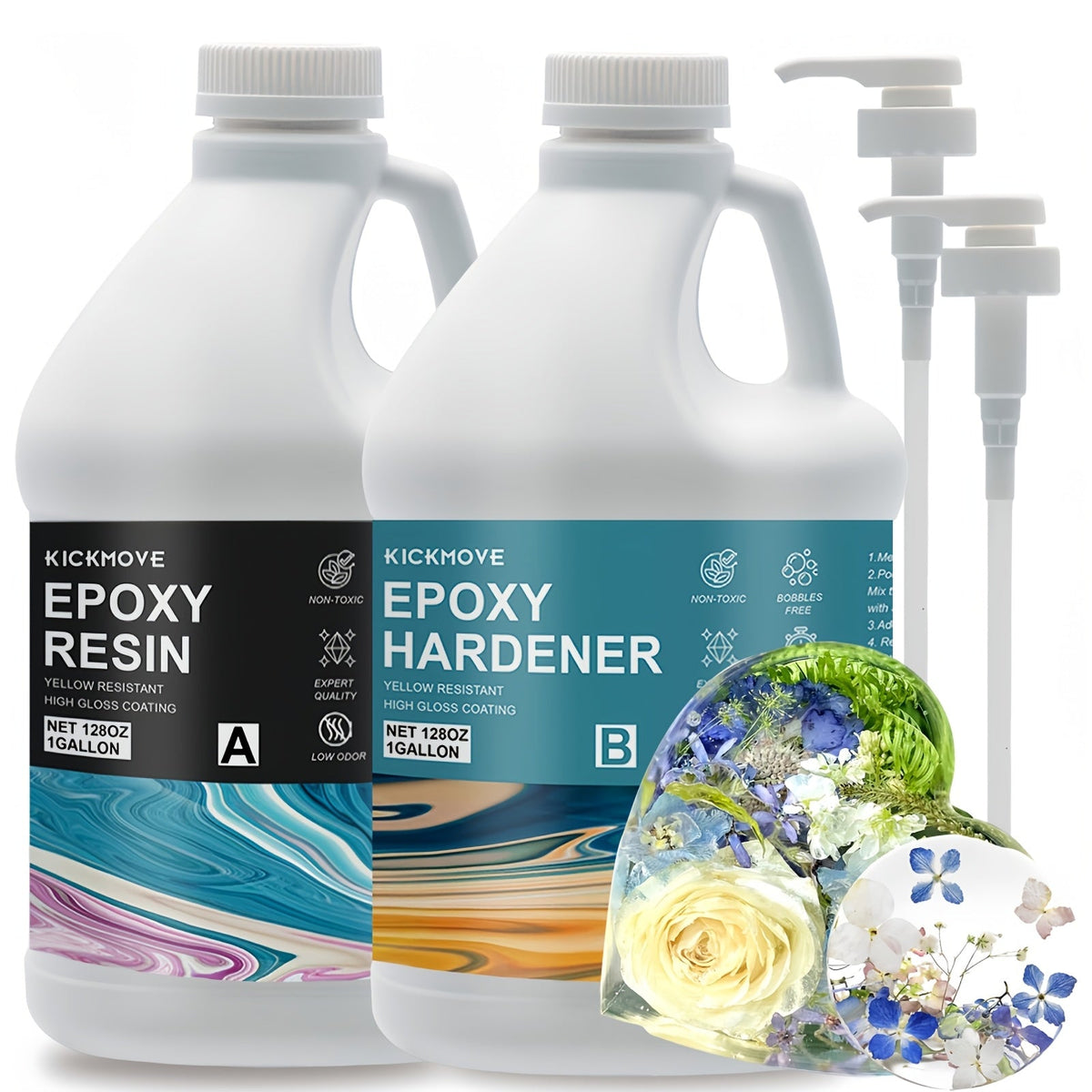 Kit de résine époxy transparente en 2 parties, haute brillance, pour moulage, revêtement, plans de travail, tables, art en résine, bijoux DIY et artisanat, avec pompes, de 16 oz à 2 gallons