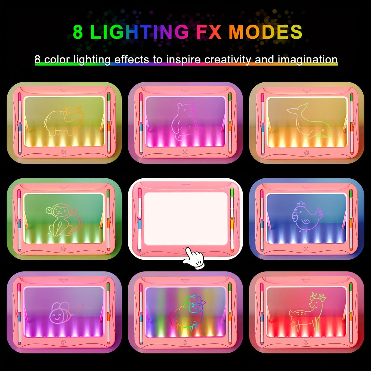Tablette à dessin lumineuse LED pour enfants de 3 à 8 ans – Kit d’art phosphorescent avec 9 cartes recto-verso et 6 marqueurs, jouet éducatif de voyage, cadeau d'anniversaire et de Noël pour filles et garçons