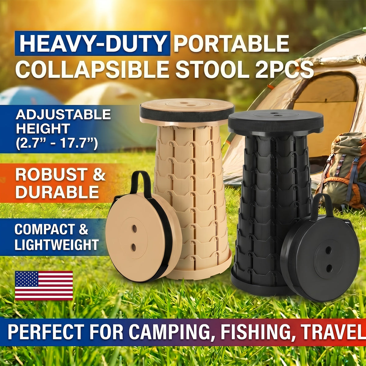 Lot de 2 tabourets pliants escamotables, portables et légers, capacité de 180 kg - Siège rétractable pour camping, pêche, randonnée, cuisine, barbecue, intérieur et extérieur