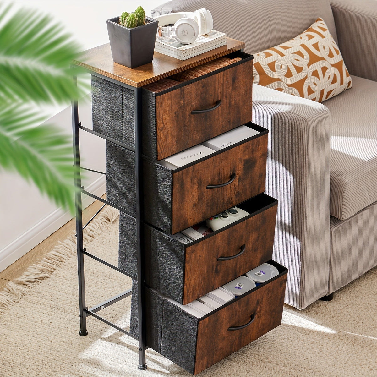 Meuble à tiroirs avec cadre en métal et dessus en bois massif – Organisateur de rangement pour bureau à domicile, 2 à 10 tiroirs, assemblage requis – Blanc, gris, noir, brun rustique – Caisson de rangement pour chambre, salon et bureau