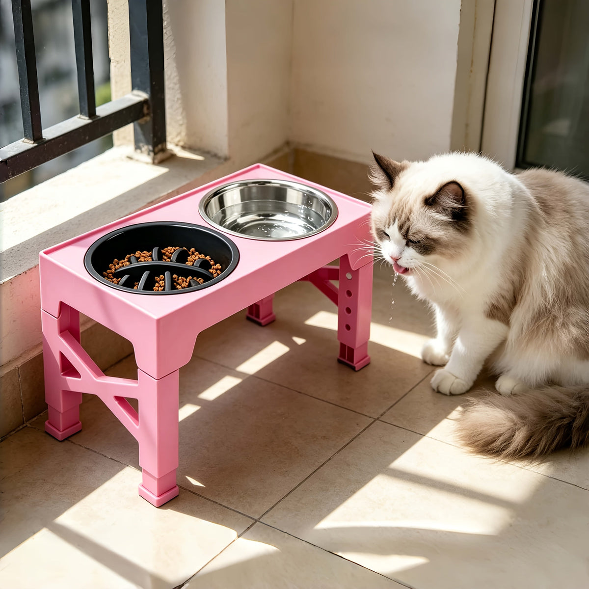 Support de gamelle réglable en hauteur avec gamelle anti-glouton et bol en acier inoxydable – Station de nourriture pliable à 5 niveaux pour chiens et chats de taille moyenne à grande, noir et rose