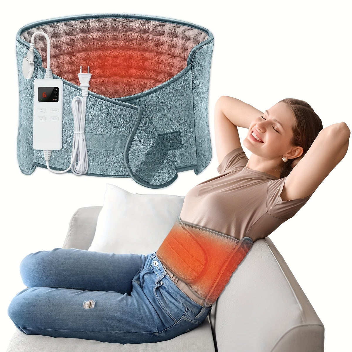 Ceinture chauffante électrique pour soulager les maux de dos, 30 x 60 cm – 6 niveaux de chaleur (40-65°C), arrêt automatique après 6 heures, 4 minuteurs, tour de taille réglable (60-115 cm), coussin chauffant lavable pour hommes et femmes
