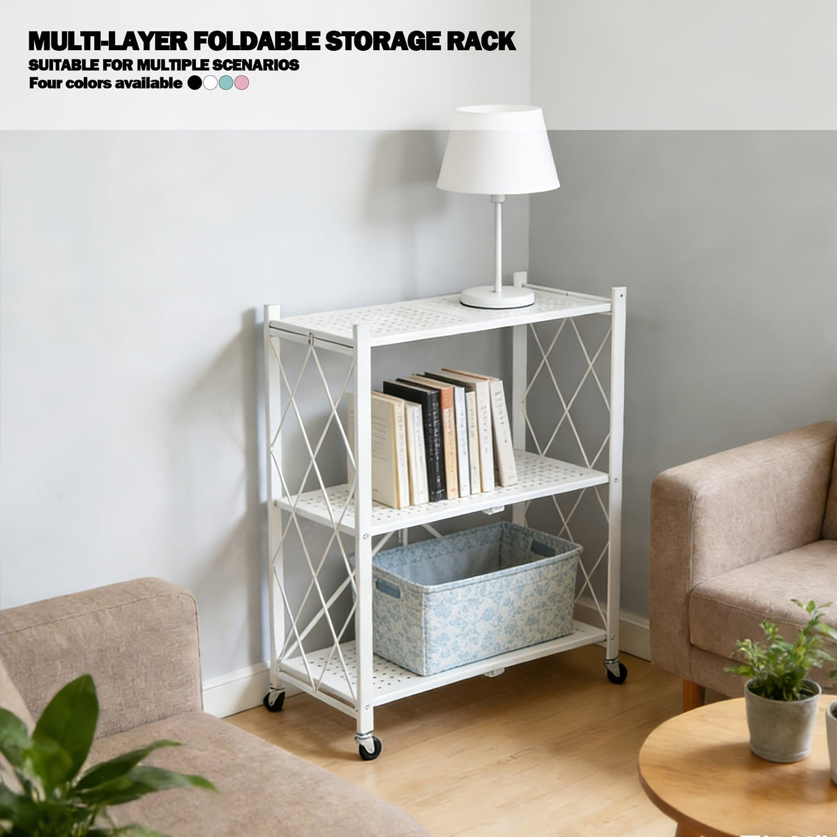 Heavy Duty Folding Storage Rack with Wheels β 3/4/5-Tier Portable Floor-Standing Shelf, No Assembly Required, for Home, Office, Bedroom & Dorm, 4 Colors Available