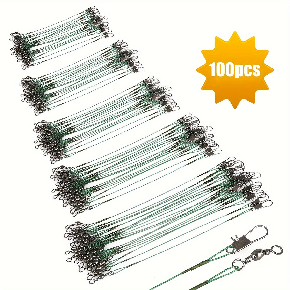 Lot de 100 bas de ligne de pêche en acier inoxydable avec émerillons et agrafes – Bas de ligne anti-morsure, résistance de 10 à 44 lb pour pêche en eau douce et en mer