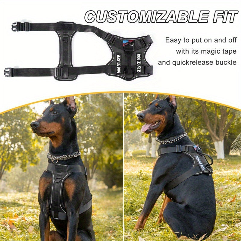 Harnais anti-traction pour chien avec gilet réfléchissant et 5 écussons – Harnais de service réglable en maille Oxford souple, avec attaches avant et arrière pour chiens de petite, moyenne et grande taille, de XS à XL