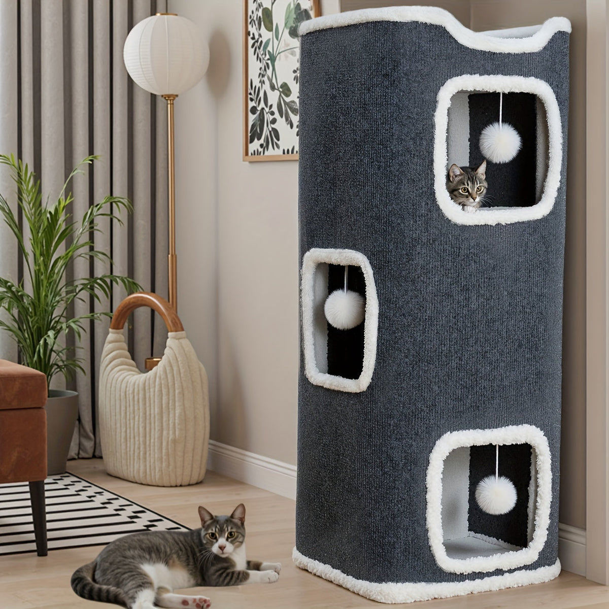Arbre à chat pliable multi-niveaux pour chats d'intérieur – Griffoir, perchoir confortable, niche avec balle suspendue, refuge, panier douillet, options 1/3/4 étages