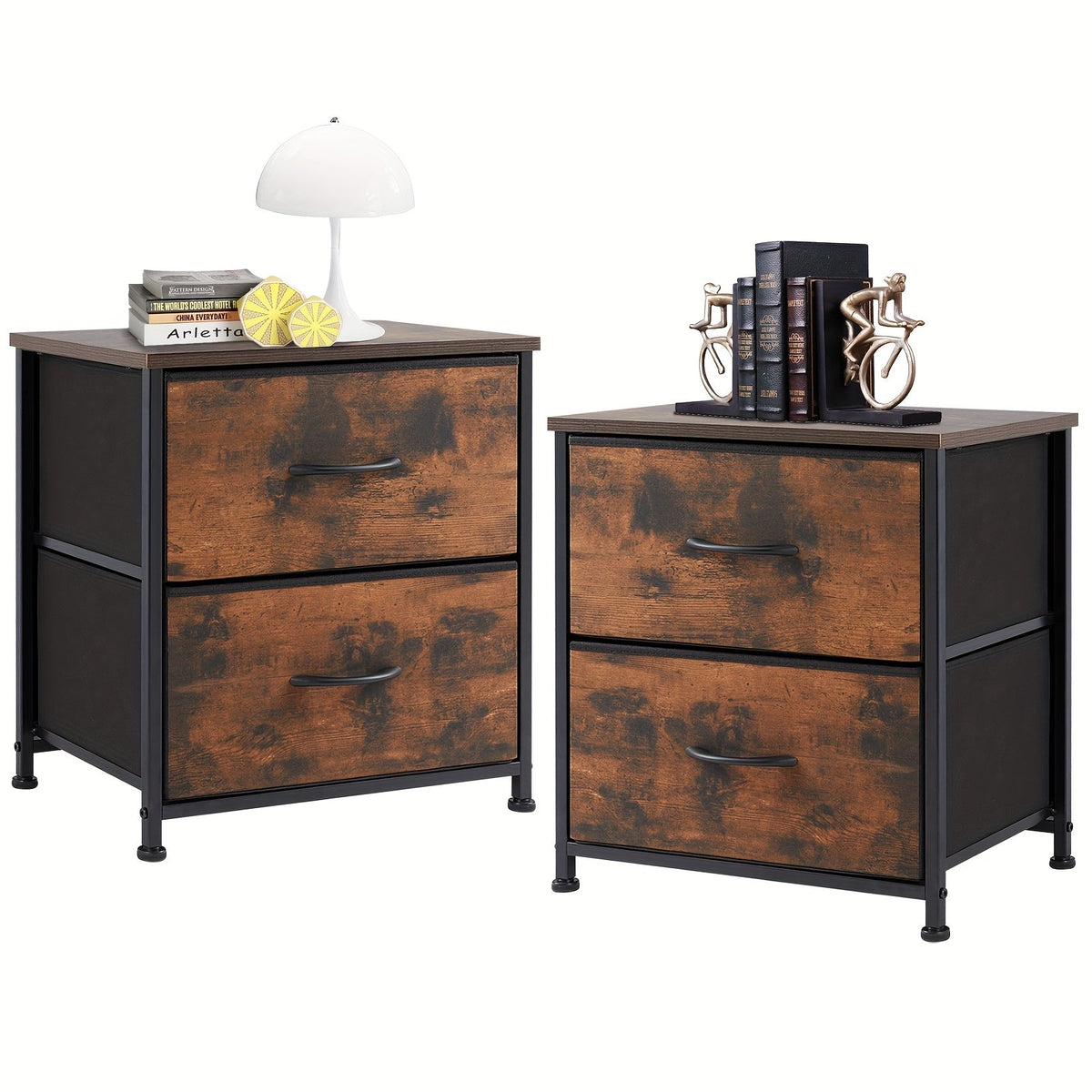 Meuble à tiroirs avec cadre en métal et dessus en bois massif – Organisateur de rangement pour bureau à domicile, 2 à 10 tiroirs, assemblage requis – Blanc, gris, noir, brun rustique – Caisson de rangement pour chambre, salon et bureau