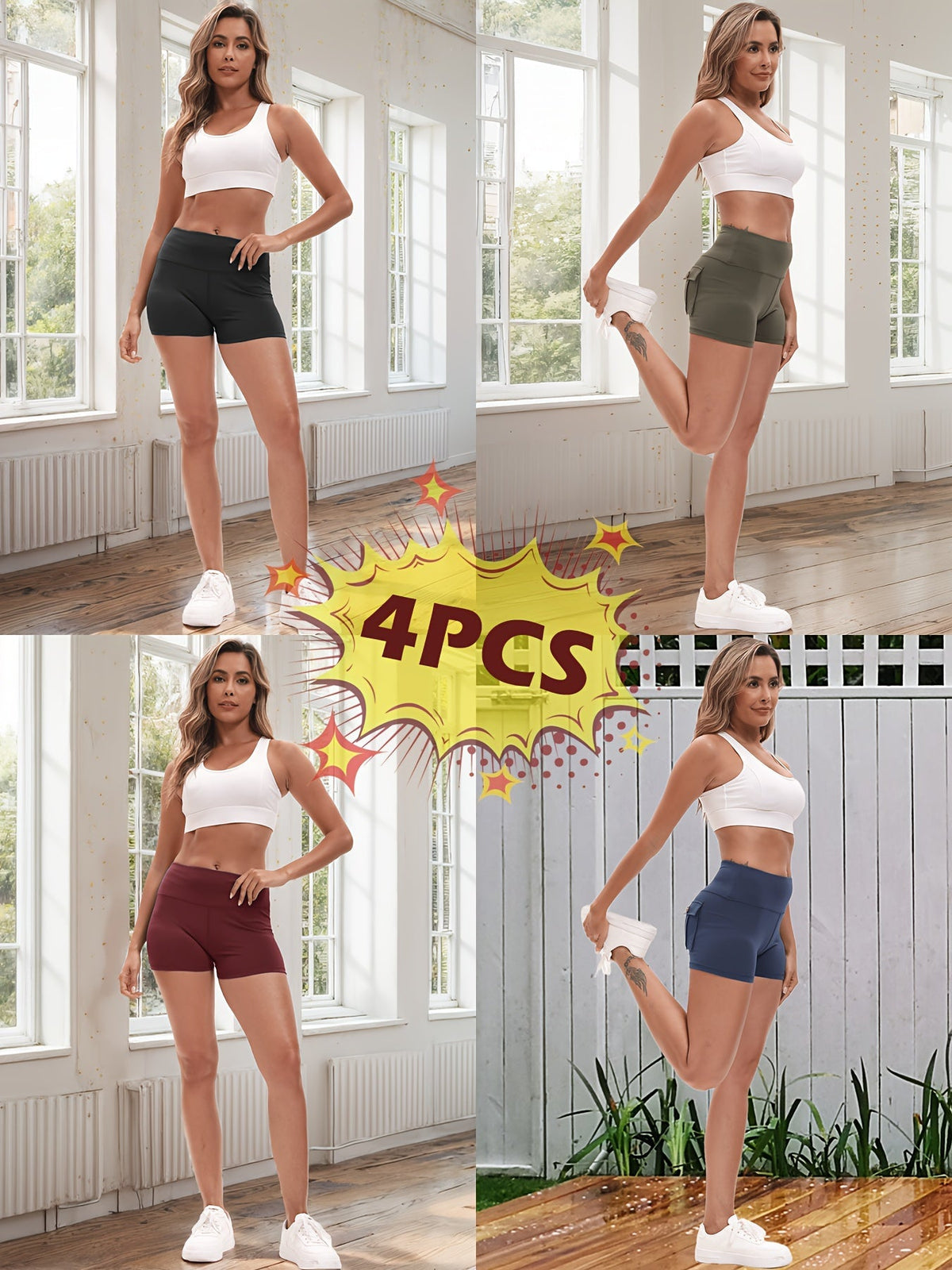 Ensemble de 4 shorts de yoga ultra-extensibles pour femmes – Shorts de fitness galbants à séchage rapide avec taille élastique et 2 poches, short de sport uni pour la gym, la course et le Pilates, S-XXL