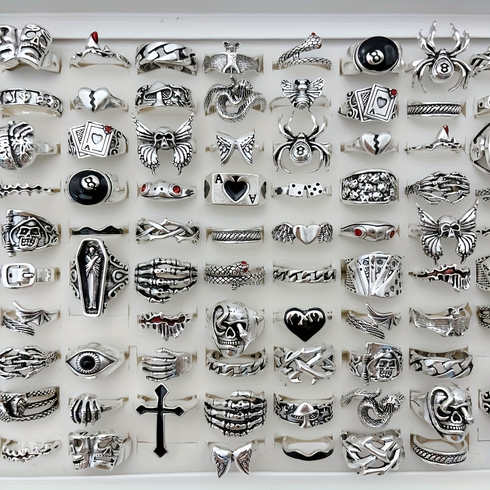 Lot de 24 bagues rétro punk pour hommes et femmes – Style sombre avec araignées, crânes et croix, bagues gothiques vintage, bijoux empilables réglables pour le quotidien, les fêtes, Halloween et comme cadeau