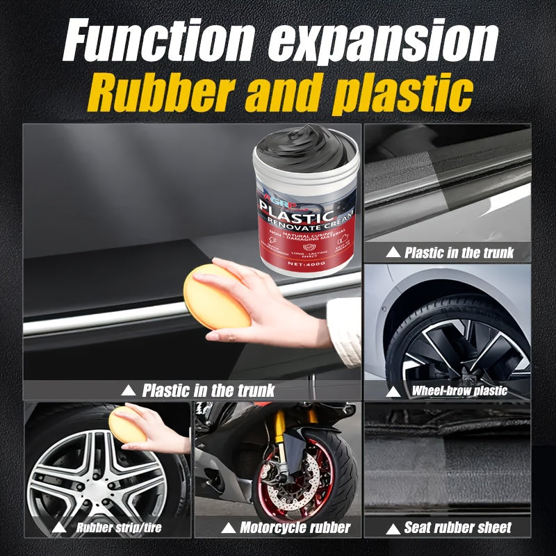 Cire rénovatrice pour plastiques de voiture 400 g – Polish haute brillance résistant aux UV pour tableau de bord, pare-chocs, pneus et garnitures extérieures, pâte de detailing intérieur et extérieur anti-décoloration, séchage rapide non gras