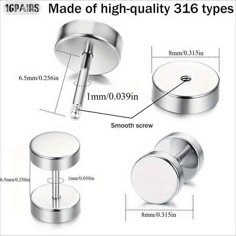 Lot de 16 fausses boucles d'oreilles écarteurs pour hommes et femmes – Clous d'oreilles style plug en acier inoxydable 316L, 8 mm, styles variés noirs et argentés, ensemble de boucles d'oreilles hypoallergéniques, idéal pour un cadeau