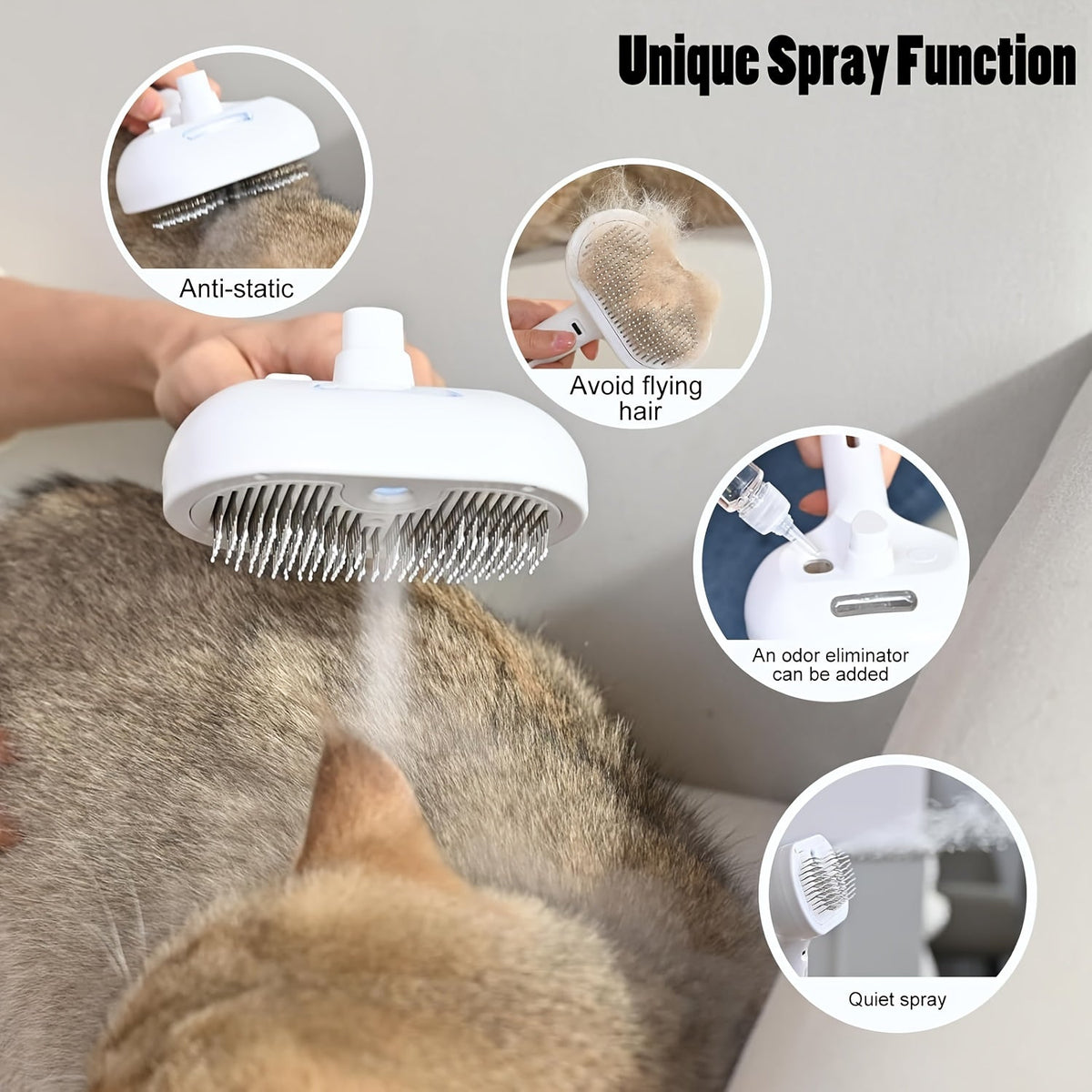 Brosse à vapeur 3-en-1 pour chat, peigne de toilettage avec vapeur et bouton de libération, outil d'épilation et de démêlage pour chiens et chats de toutes tailles, utilisation en intérieur, blanc rose