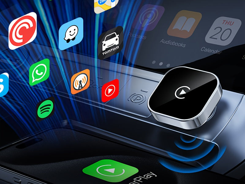 Adaptateur CarPlay sans fil, mini dongle version améliorée 2026 – 2-en-1 pour iPhone et Android Auto, conversion de filaire à sans fil, USB-A et USB-C, double bande à faible latence, connexion automatique, certifié FCC