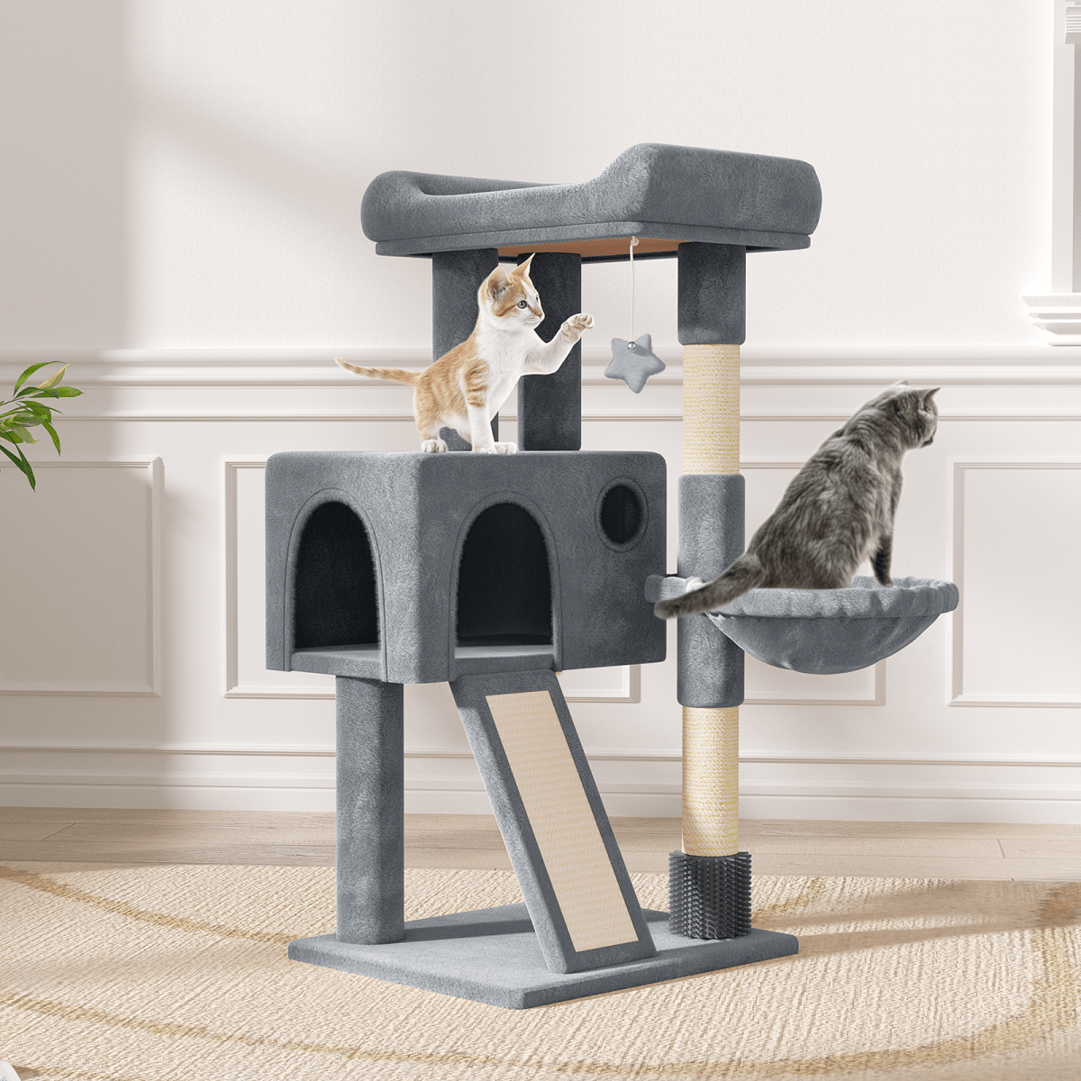 Arbre à chat multi-niveaux de 91 cm avec appartement, hamac, poteaux à griffer en sisal et jouets suspendus - Maison de jeux d'intérieur pour chats et chatons - Villa pour chat en peluche, gris clair et gris fumé