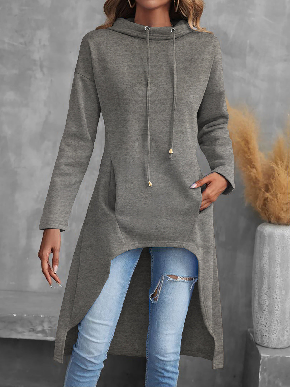 Sweat-shirt à capuche pour femme, coupe asymétrique, manches longues, cordon de serrage, couleur unie, haut à capuche décontracté, rouge, noir, bleu, gris, jaune, S-XXL