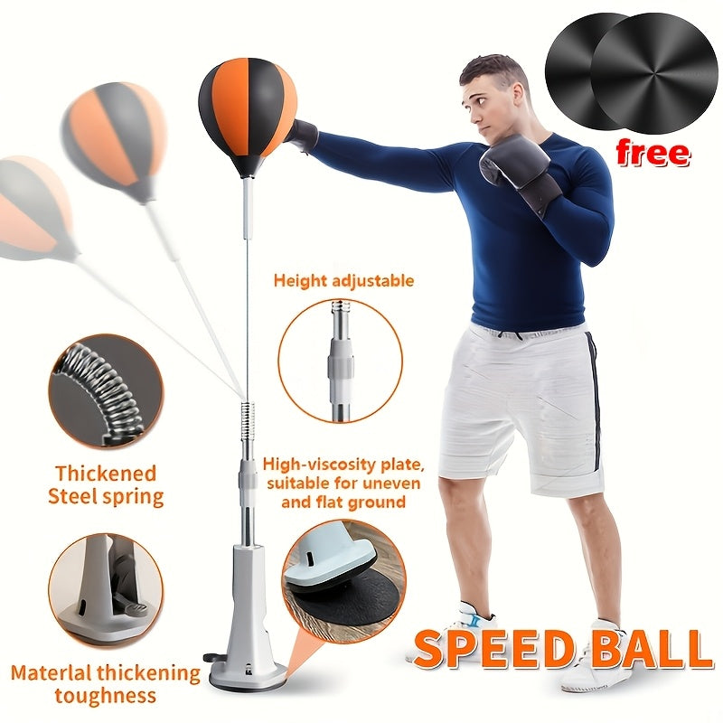 Balle de réflexe de boxe sur pied avec sac de frappe rapide autoportant, hauteur réglable pour l'entraînement à la réaction des adultes, adolescents et seniors – Punching-ball de fitness pour intérieur avec 3 ancrages au sol