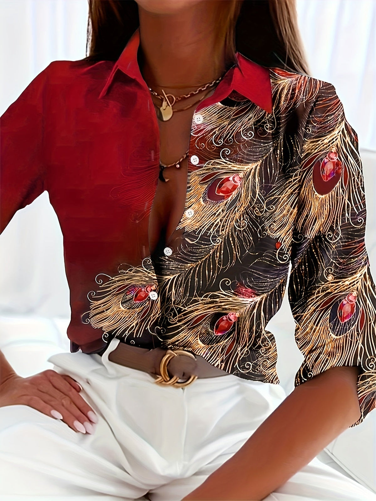 Chemisier élégant pour femme à imprimé paon et boutonnage sur le devant | Chemise en polyester tissé turquoise et doré à col classique pour le bureau, les fêtes et toute saison