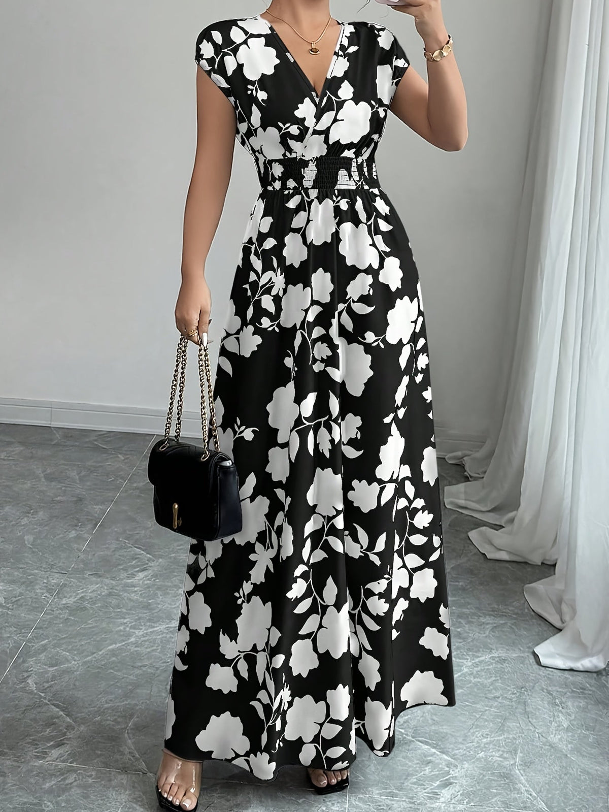 Robe longue florale rose pour femme - Col en V, manches courtes, taille cintrée, coupe trapèze | Robe fluide élégante, décontractée et habillée, pour le printemps et l'automne, nouveauté