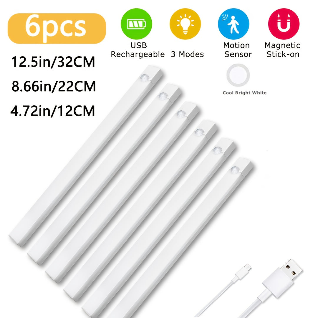 Lampe de placard LED à détecteur de mouvement rechargeable par USB – Éclairage intelligent sans fil sous meuble, intensité réglable 3 niveaux, veilleuse pour cuisine, chambre, placard, escaliers, couloir – Lot de 6 ou 3