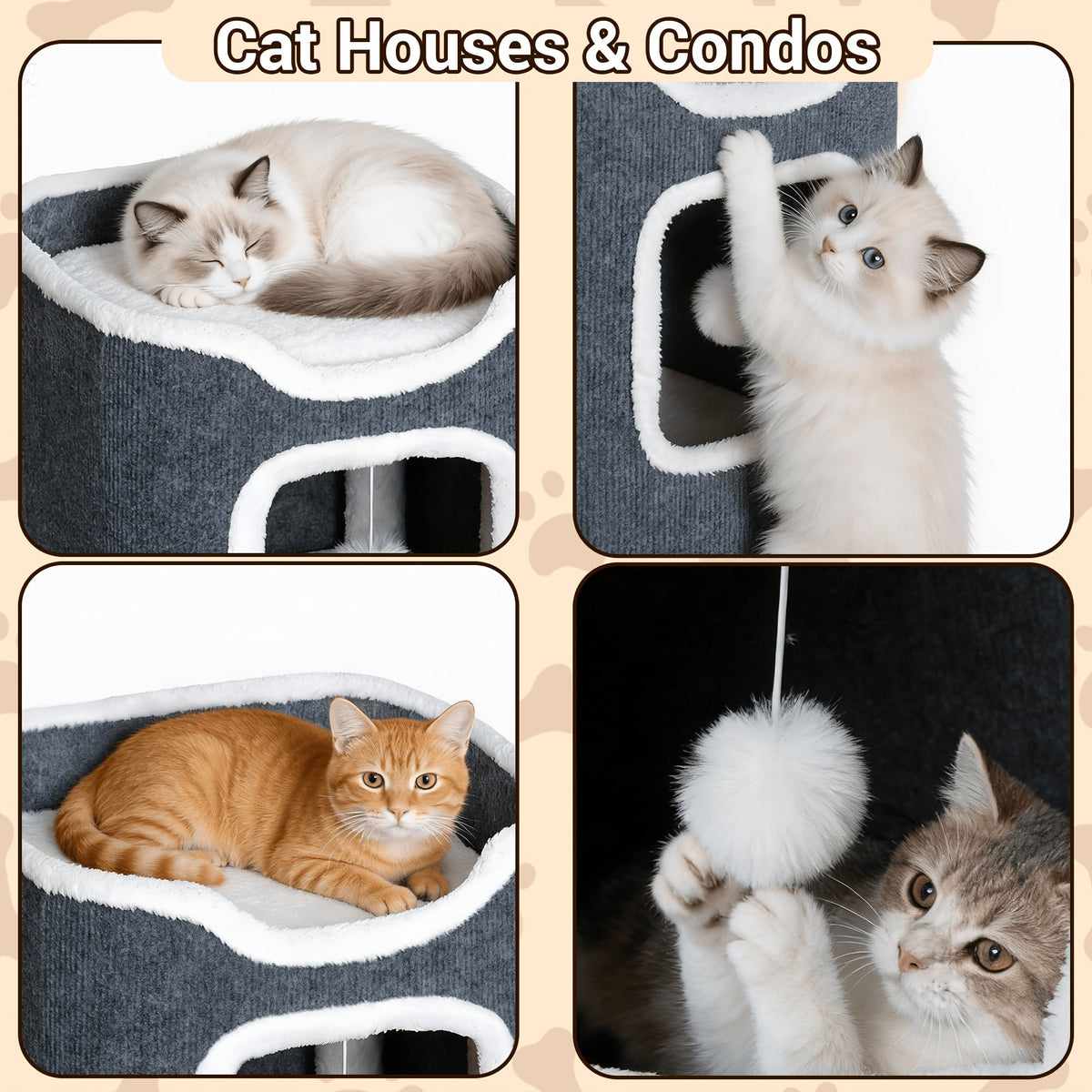 Arbre à chat pliable multi-niveaux pour chats d'intérieur – Griffoir, perchoir confortable, niche avec balle suspendue, refuge, panier douillet, options 1/3/4 étages