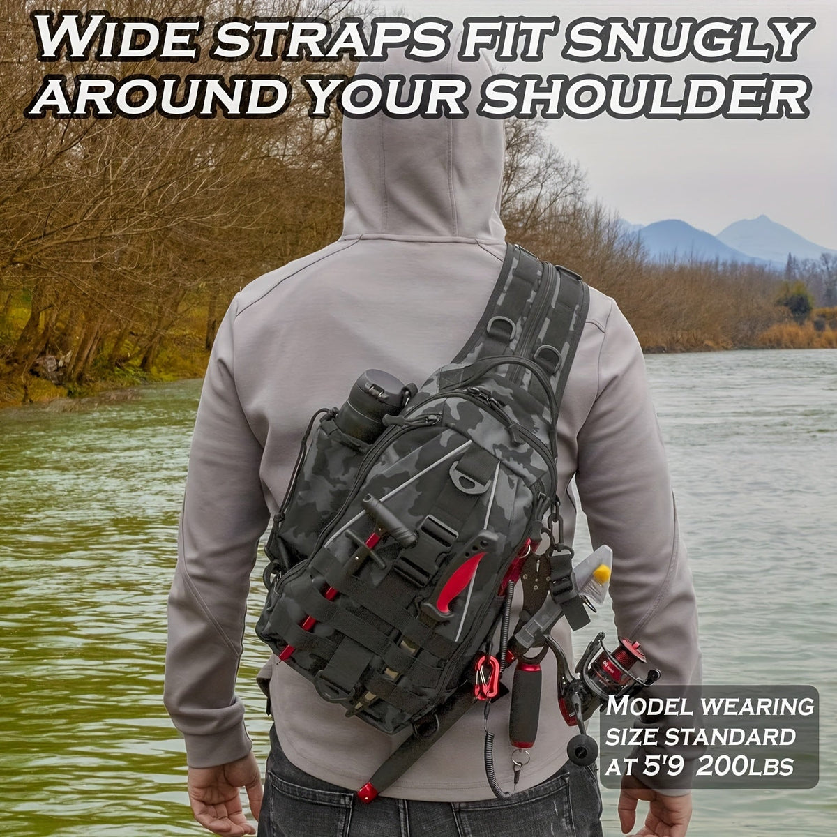 Sac à dos de pêche avec porte-canne – Sac bandoulière imperméable pour randonnée, pêche à la mouche, rangement de boîte à pêche, cadeau pour papa pêcheur