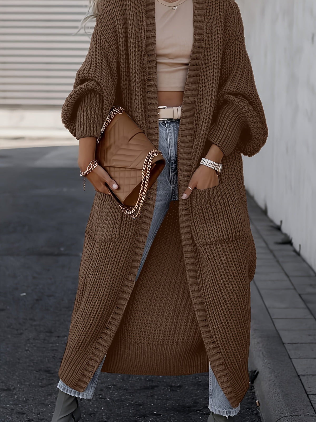 Cardigan long femme à épaules tombantes avec poches, manteau oversize uni à manches longues pour automne-hiver, tailles S M L XL XXL, gris noir abricot camel marine, manteau enveloppant confortable
