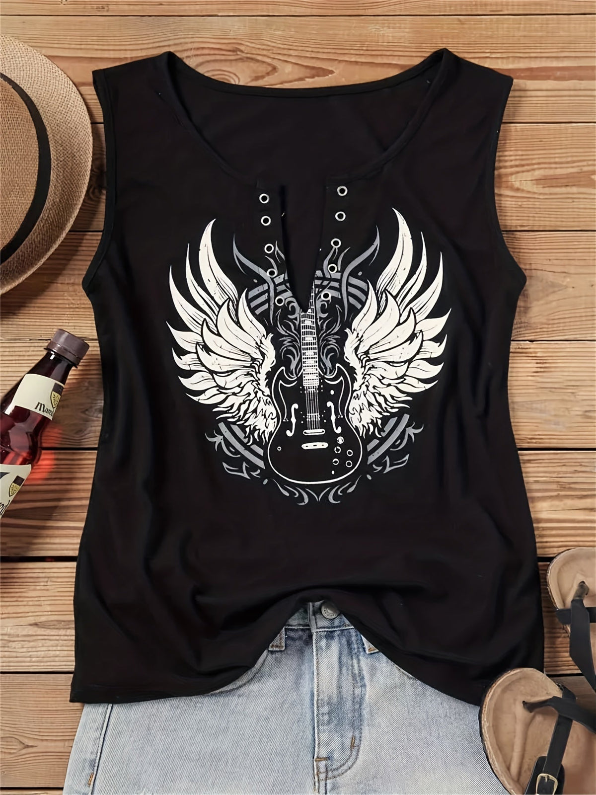 Débardeur femme à col en V avec motif guitare - Haut sans manches décontracté, t-shirt graphique ample pour l'été, caraco pour un usage quotidien