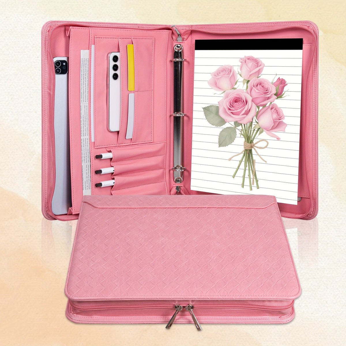 Classeur à anneaux avec fermeture éclair en cuir vegan, format A4, avec pochette pour ordinateur portable, organisateur de travail pour femmes et hommes