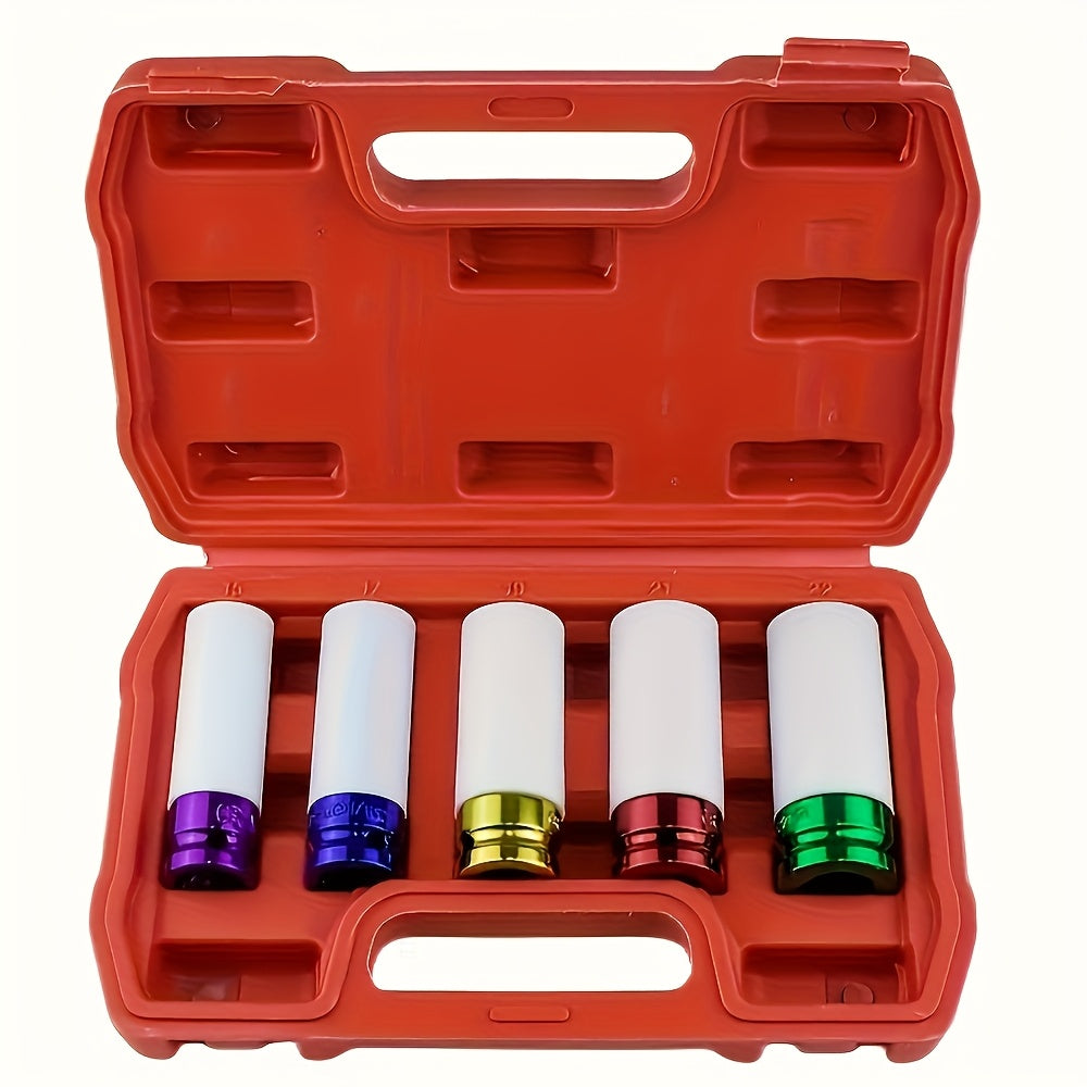 Jeu de 5 douilles pour écrous de roue 1/2" – Douilles à chocs profondes pour la protection des pneus et des jantes, acier au chrome-vanadium robuste, compatible avec la plupart des tailles d'écrous | Velora