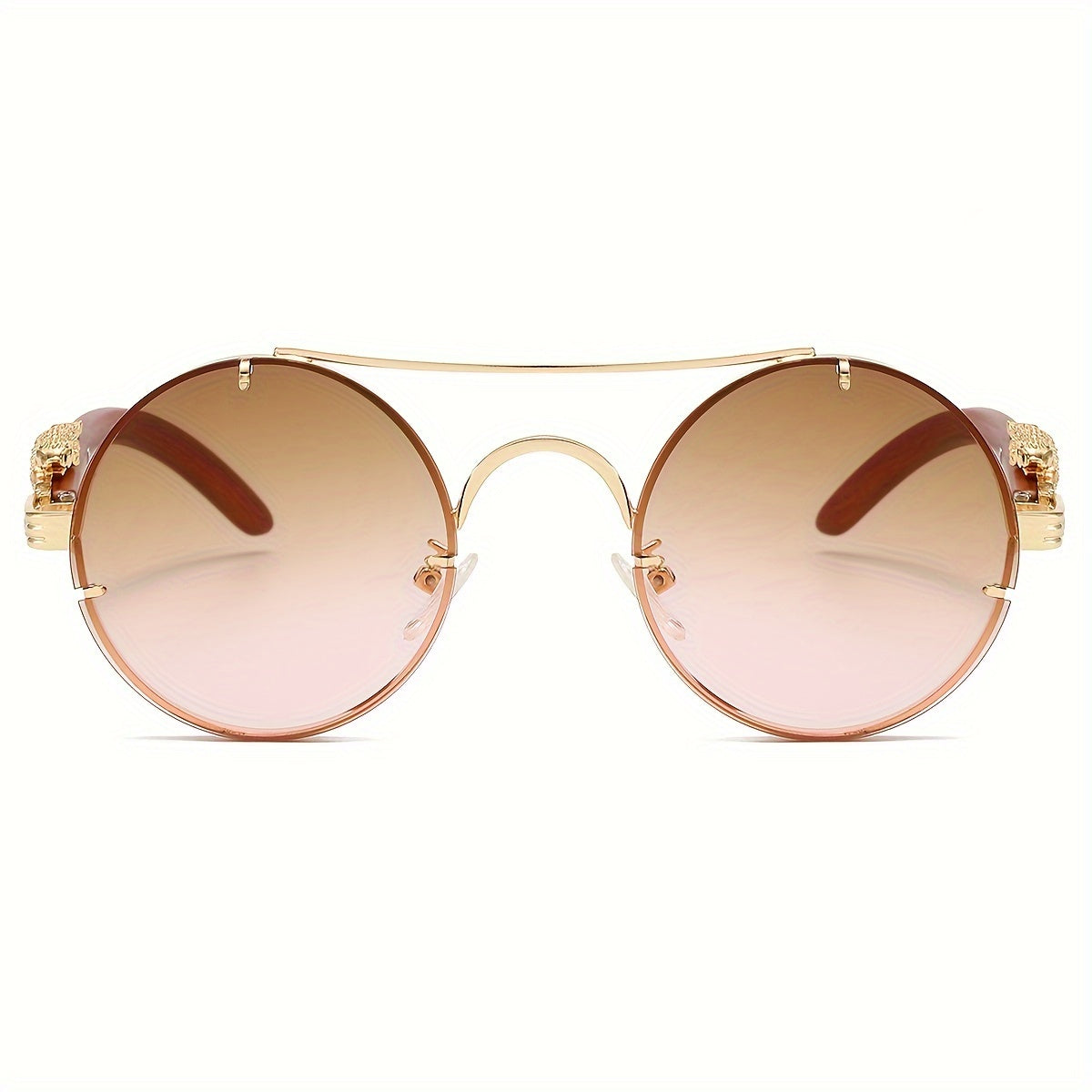 Lunettes de soleil rondes à monture en métal avec verres dégradés pour hommes et femmes – Luxe, double pont, détails léopard sur les charnières, verres en polycarbonate dégradés, étui inclus, style chic pour les vacances et la ville