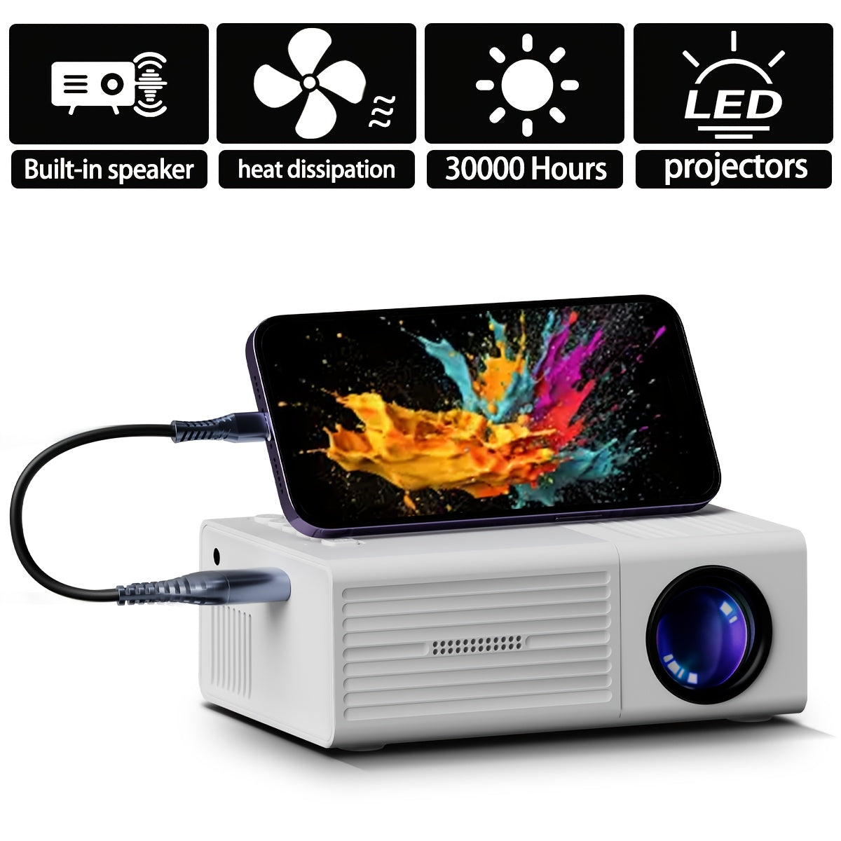 Mini projecteur portable 1080P Full HD, projecteur de cinéma maison et d'extérieur – compatible avec la duplication d'écran de téléphone iOS et Android, clé TV, USB, HDMI et ordinateur portable