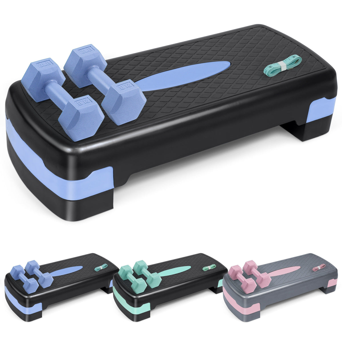 Plateforme de step aérobic avec haltères de 0,9 kg et ruban à mesurer – Stepper d'exercice antidérapant à hauteur réglable, capacité de 250 kg pour entraînement cardio à domicile, rose, vert, bleu