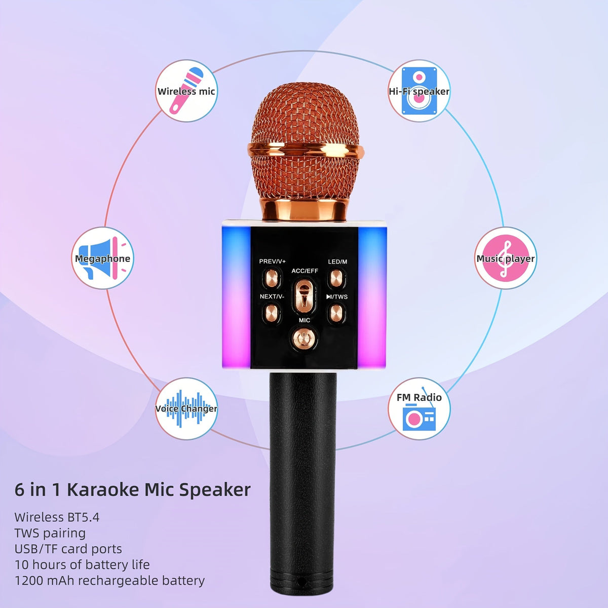 Microphone karaoké sans fil 5-en-1 avec haut-parleur intégré, lumières LED et changeur de voix – Micro de chant Bluetooth portable pour fêtes, réunions de famille, voyages et activités en plein air, 10 couleurs