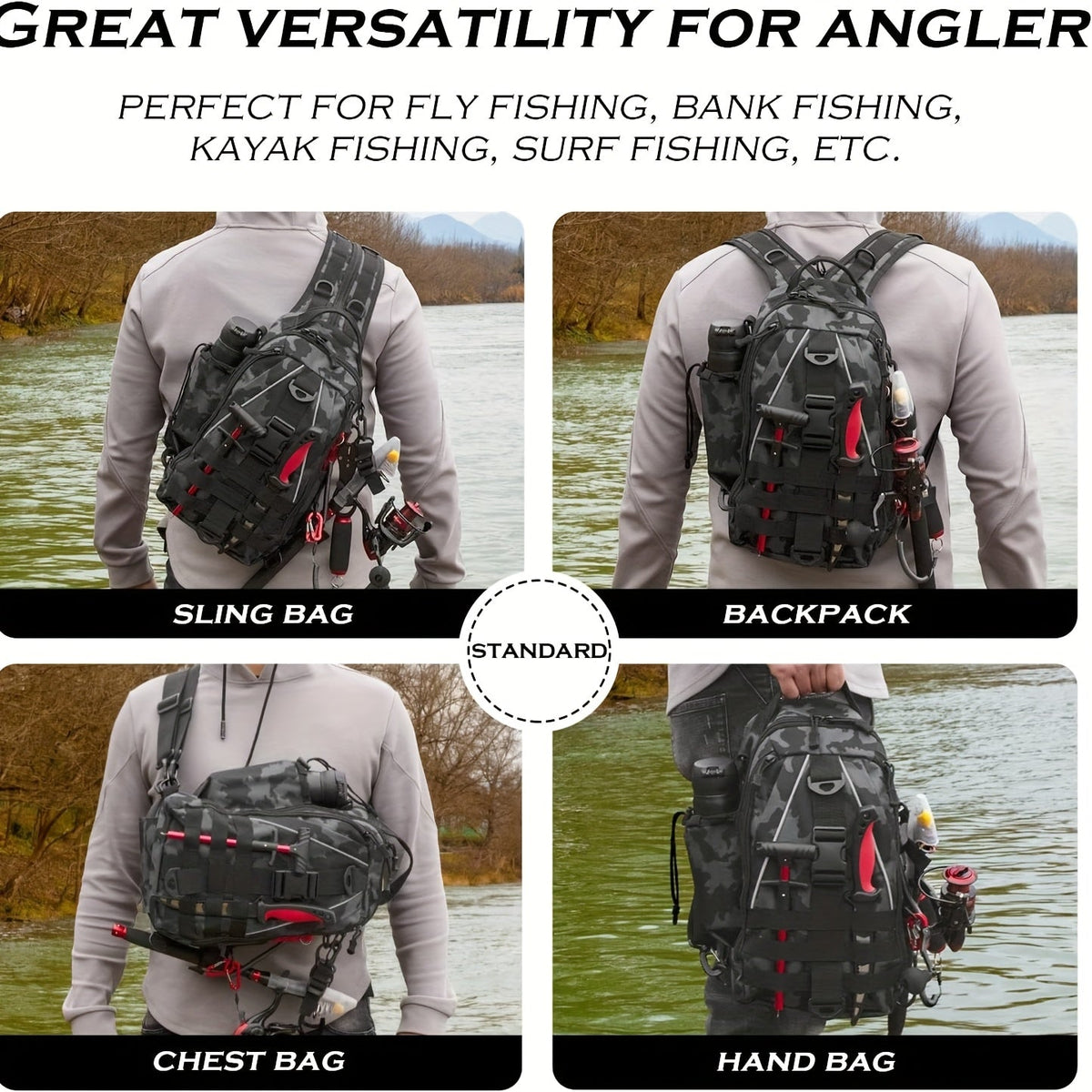 Sac à dos de pêche avec porte-canne – Sac bandoulière imperméable pour randonnée, pêche à la mouche, rangement de boîte à pêche, cadeau pour papa pêcheur