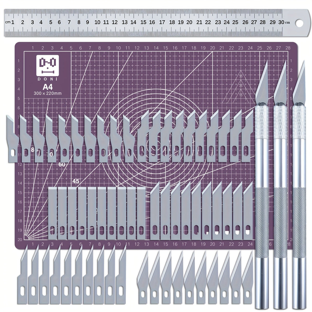 Kit de découpe de précision Exacto de 65 pièces avec tapis de découpe A4 – Ensemble de couteaux de précision avec lames et règles de découpe pour modélisme papier, loisirs créatifs, scrapbooking, art et carterie