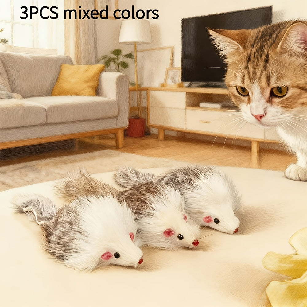Lot de 3 ou 5 souris en peluche pour chat - Jouets souris réalistes à poils longs avec corps en plastique bicolore, jouets interactifs d'intérieur pour l'exercice des chatons et des chats adultes
