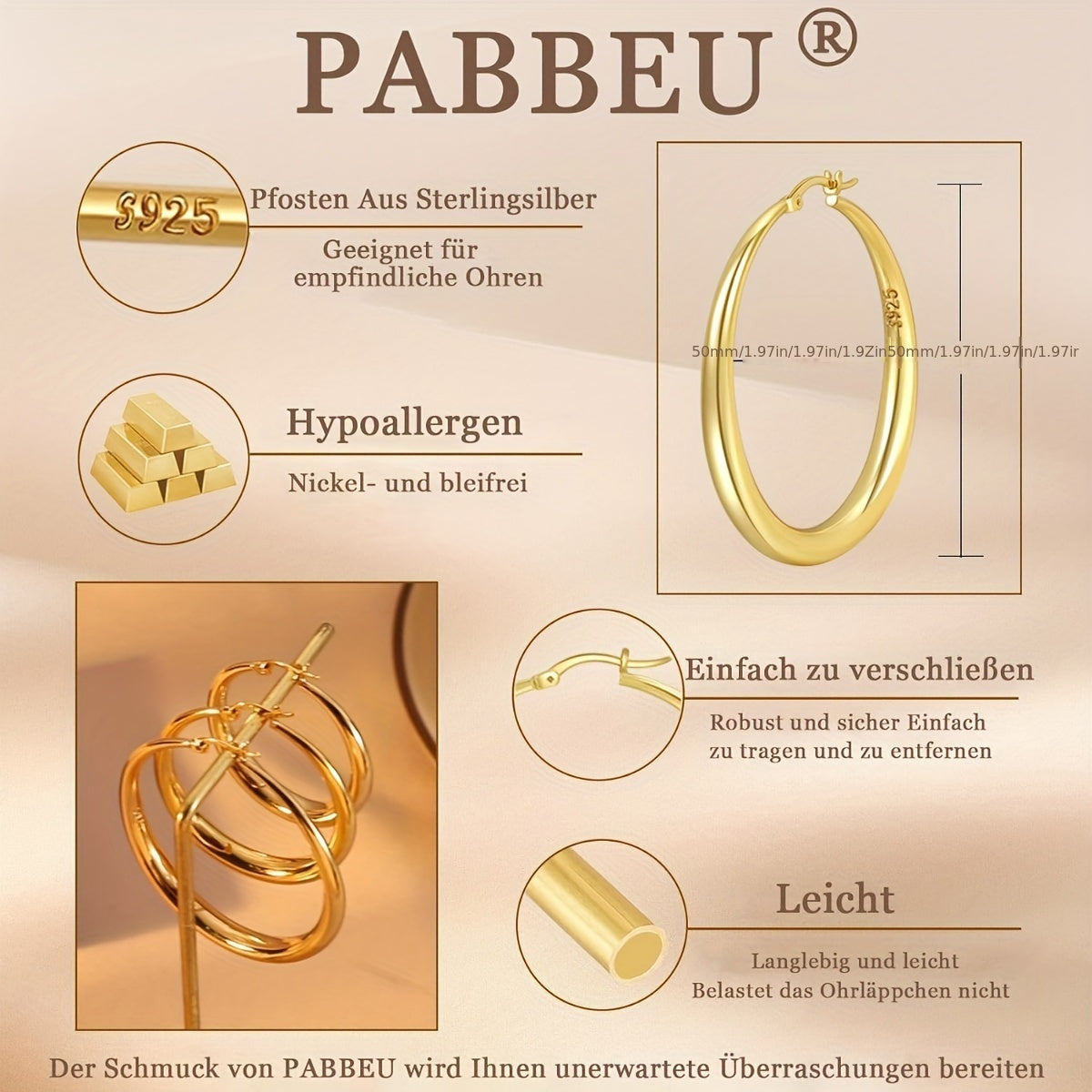 Grandes créoles en argent sterling S925 pour femme – Créoles épaisses, légères et hypoallergéniques, disponibles en or et argent, tailles multiples 35 mm, 40 mm, 50 mm, 70 mm, bijoux élégants pour le quotidien et les cadeaux
