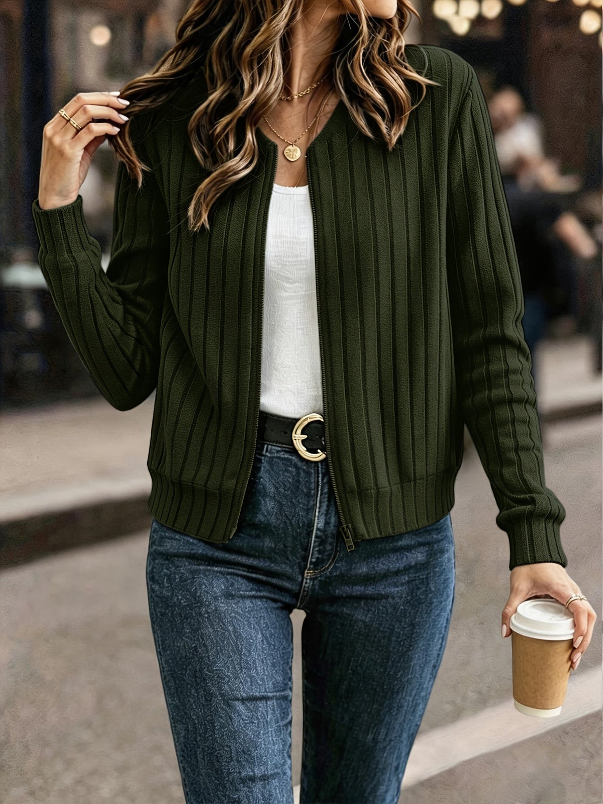 Women's Solid Color Ribbed Zip-Up Long Sleeve Jacket Coat – Elegant Casual Commuter Outerwear Fall Winter Knit Top