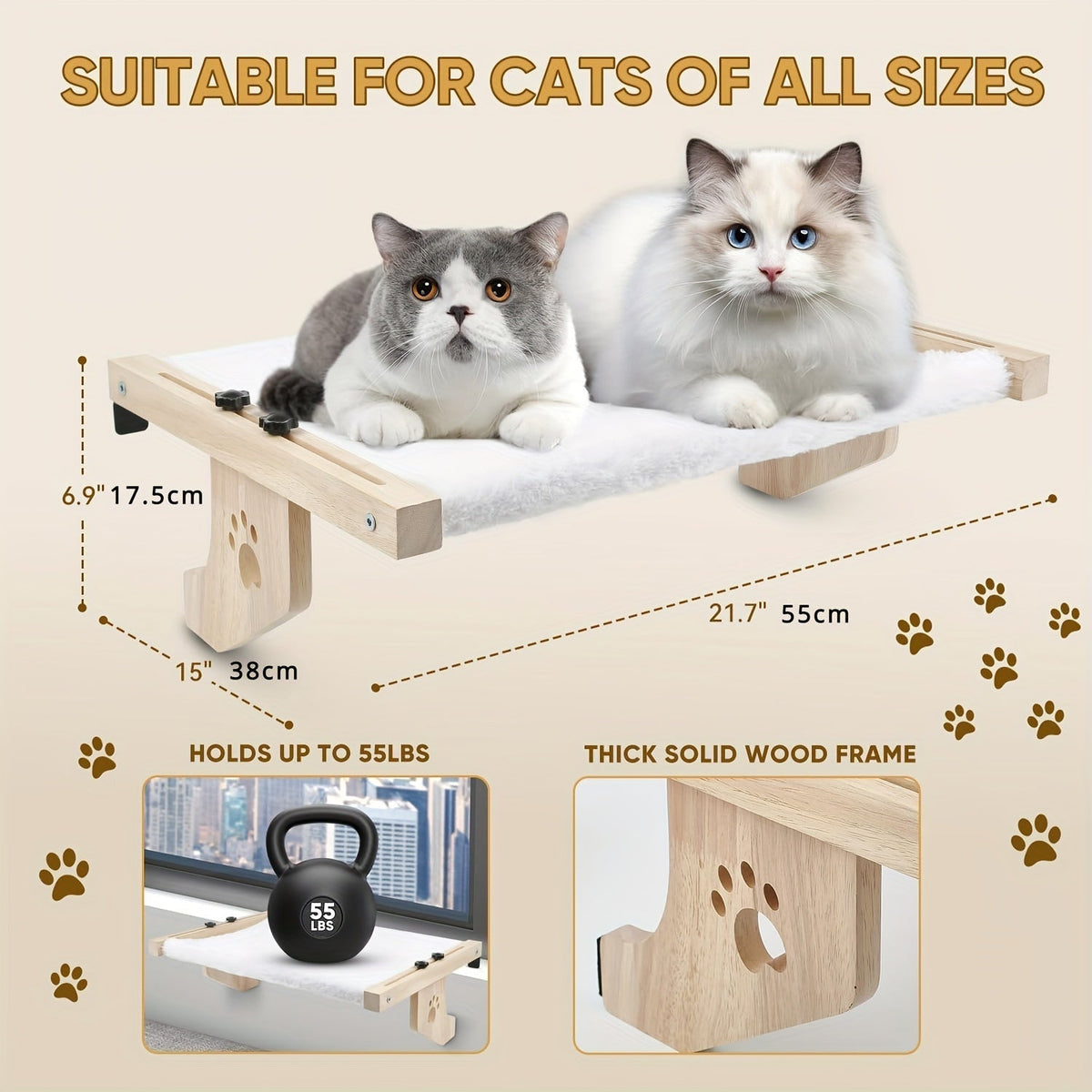 Perchoir et hamac de fenêtre pour chats d'intérieur – Cadre robuste en bois et métal, fixation facile et ajustable pour rebord de fenêtre, chevet, tiroir et placard, supporte les grands chats, lit étagère peu encombrant pour chat